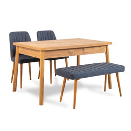 Hanah Home Juego de Mesa y Sillas con Banco Costa Atlantic-Navy Blue Pino Atlántico y Azul Marino Tablero Melamina Madera Lino 120x77x75cm Mesa